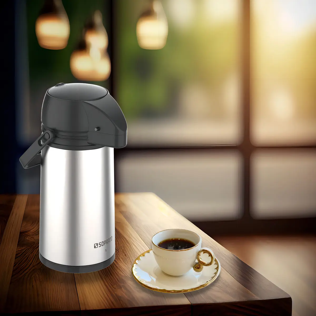 Garrafa térmica Soprano Urbana 1L prata minimalista com bico de servir - prática e elegante para servir café na mesa